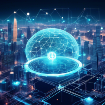 Create an image that represents the concept of AI-driven cryptocurrency. Depict a futuristic digital landscape where artificial intelligence is at the core of managing and transacting digital currencies. Show robotic figures interacting with holographic coins and blockchain networks. The background should include sleek, modern cityscapes with glowing digital nodes and lines connecting various elements, symbolizing a global network. Highlight the seamless and efficient integration of AI technology in the financial ecosystem.