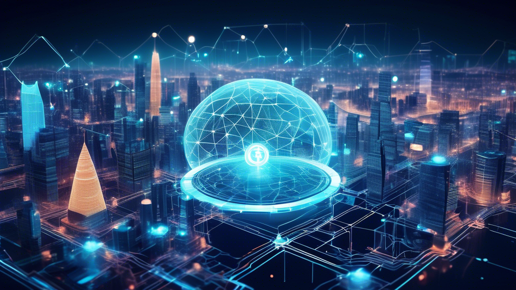 Create an image that represents the concept of AI-driven cryptocurrency. Depict a futuristic digital landscape where artificial intelligence is at the core of managing and transacting digital currencies. Show robotic figures interacting with holographic coins and blockchain networks. The background should include sleek, modern cityscapes with glowing digital nodes and lines connecting various elements, symbolizing a global network. Highlight the seamless and efficient integration of AI technology in the financial ecosystem.