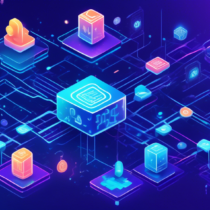 A vibrant and dynamic illustration of a blockchain network, featuring interconnected blocks forming a chain. Each block is filled with binary code and digital symbols, representing data. Surrounding the chain are icons symbolizing various applications of blockchain technology, such as a padlock for security, a financial graph for cryptocurrency, and a handshake for smart contracts. The background is a gradient of glowing blues and purples, evoking the futuristic and complex nature of blockchain technology. A small figure of a person with a thoughtful expression stands to one side, highlighting the theme of learning and understanding.