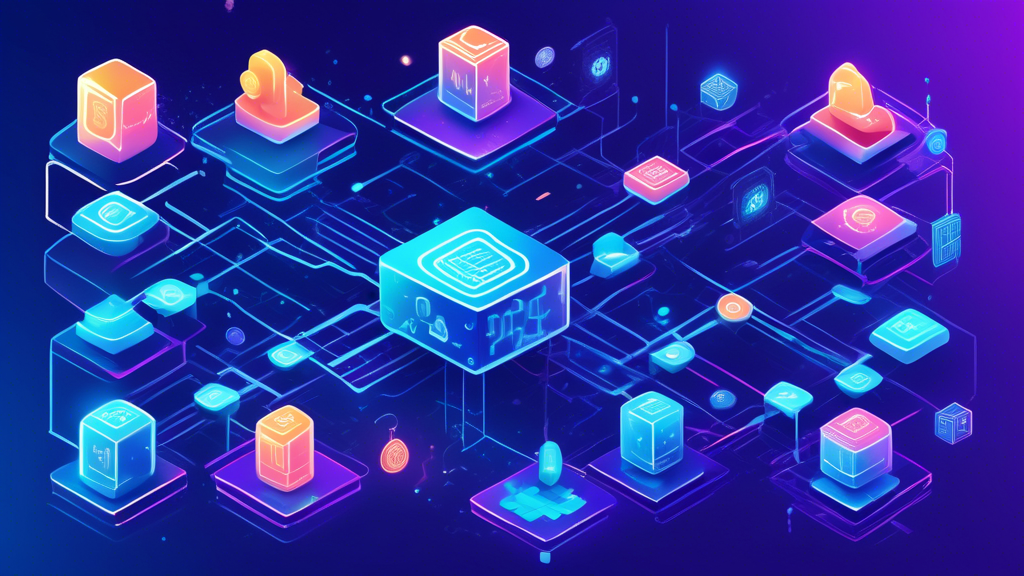 A vibrant and dynamic illustration of a blockchain network, featuring interconnected blocks forming a chain. Each block is filled with binary code and digital symbols, representing data. Surrounding the chain are icons symbolizing various applications of blockchain technology, such as a padlock for security, a financial graph for cryptocurrency, and a handshake for smart contracts. The background is a gradient of glowing blues and purples, evoking the futuristic and complex nature of blockchain technology. A small figure of a person with a thoughtful expression stands to one side, highlighting the theme of learning and understanding.