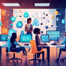 Create an image of a diverse group of professionals in a modern office setting, collaborating on blockchain technology. They are surrounded by charts, code on computer screens, and blockchain-themed iconography like linked chains and digital blocks. In the background, sleek office decor features elements symbolizing security, innovation, and cutting-edge technology. The environment should convey a sense of expertise, teamwork, and forward-thinking solutions.