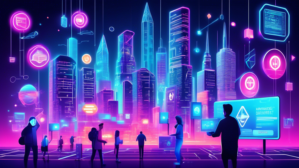 An illustration of a futuristic digital city illuminated by neon lights, with various building signs displaying symbols of blockchain, cryptocurrency coins like Bitcoin and Ethereum, and holographic charts showing upward trends. People using smartphones and laptops with floating icons of digital wallets and security keys. Include a friendly guide character pointing towards an information kiosk titled 'Beginner's Guide to Blockchain and Cryptocurrency.'