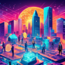 Create an illustration that depicts the transformation of traditional finance through the advent of cryptocurrency technology. Show a vibrant cityscape where half of the skyline consists of old bank buildings and stock exchanges, and the other half features digital hubs and futuristic blockchain infrastructures. In the middle, depict people and robots exchanging coins and digital assets through holograms and smartphones, symbolizing the integration of crypto technology into everyday financial transactions. Add subtle visual elements like Bitcoin, Ethereum logos, and blockchain chains connecting the two sides.