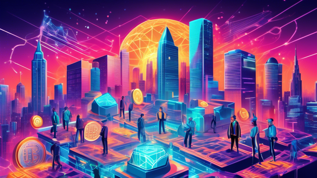 Create an illustration that depicts the transformation of traditional finance through the advent of cryptocurrency technology. Show a vibrant cityscape where half of the skyline consists of old bank buildings and stock exchanges, and the other half features digital hubs and futuristic blockchain infrastructures. In the middle, depict people and robots exchanging coins and digital assets through holograms and smartphones, symbolizing the integration of crypto technology into everyday financial transactions. Add subtle visual elements like Bitcoin, Ethereum logos, and blockchain chains connecting the two sides.