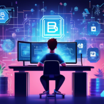 Create an image that depicts a young coder in a modern, tech-savvy workspace, surrounded by holographic displays and coding screens with blockchain-related symbols. They are following a set of floating instructions which outline key steps such as 'Learn Basics of Blockchain', 'Master Smart Contracts', 'Understand Decentralized Applications', 'Practice with Real Projects', and 'Join Developer Communities'. The background should include futuristic elements and nodes connected in a blockchain network, symbolizing the connected aspect of blockchain technology.