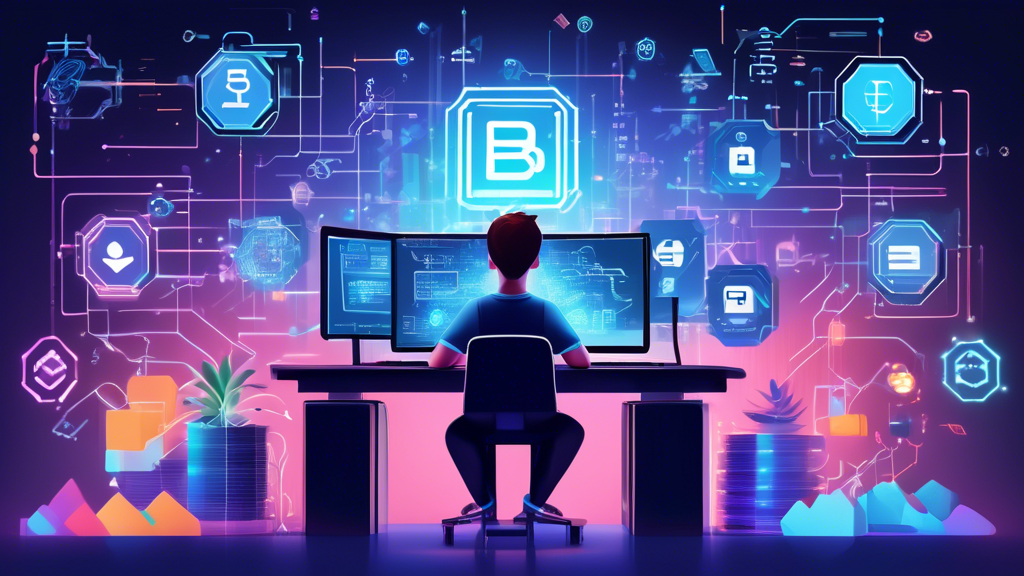 Create an image that depicts a young coder in a modern, tech-savvy workspace, surrounded by holographic displays and coding screens with blockchain-related symbols. They are following a set of floating instructions which outline key steps such as 'Learn Basics of Blockchain', 'Master Smart Contracts', 'Understand Decentralized Applications', 'Practice with Real Projects', and 'Join Developer Communities'. The background should include futuristic elements and nodes connected in a blockchain network, symbolizing the connected aspect of blockchain technology.