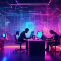 Create a futuristic digital art piece showcasing the evolution of blockchain technology in software development. Include elements like developers working on holographic interfaces, interconnected blockchain nodes, and advanced cryptographic algorithms. Display an innovative, collaborative workspace where AI assists humans, highlighting the seamless fusion of technology and creativity in a sleek, high-tech environment.