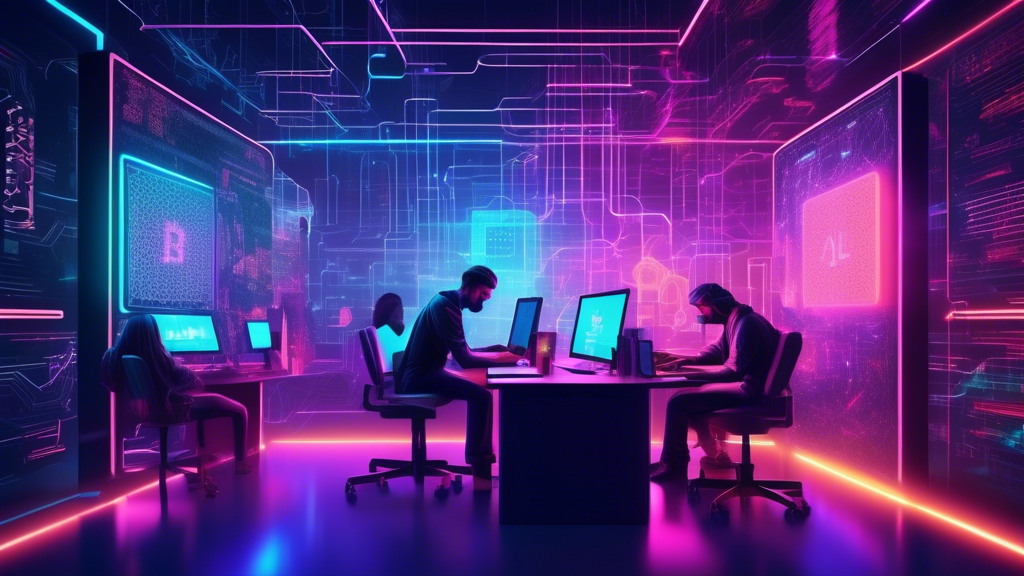 Create a futuristic digital art piece showcasing the evolution of blockchain technology in software development. Include elements like developers working on holographic interfaces, interconnected blockchain nodes, and advanced cryptographic algorithms. Display an innovative, collaborative workspace where AI assists humans, highlighting the seamless fusion of technology and creativity in a sleek, high-tech environment.