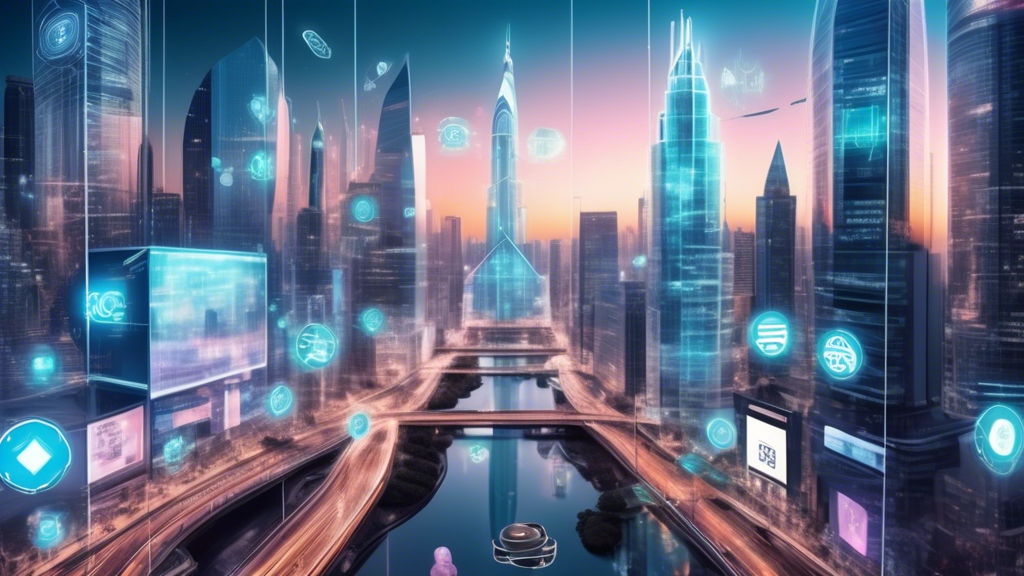 Create an image depicting the future of finance through the lens of futuristic technology. Show a bustling cityscape with skyscrapers displaying holographic advertisements of blockchain and cryptocurrency symbols. Include autonomous financial hubs where AI robots are assisting diverse groups of people with various transactions. Surround the scene with digital streams of data and virtual currencies flowing seamlessly. Highlight advanced security measures like biometric scans and QR codes integrated into daily routines, symbolizing the merging of artificial intelligence, crypto, and finance.