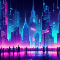 Prompt: A futuristic cityscape at night with towering skyscrapers made of glowing blockchain patterns, holograms of various blockchain development company logos projected into the sky, and tech-savvy people and robots collaborating on transparent screens in modern offices. The scene symbolizes innovation and transformation in the tech landscape driven by blockchain technology.