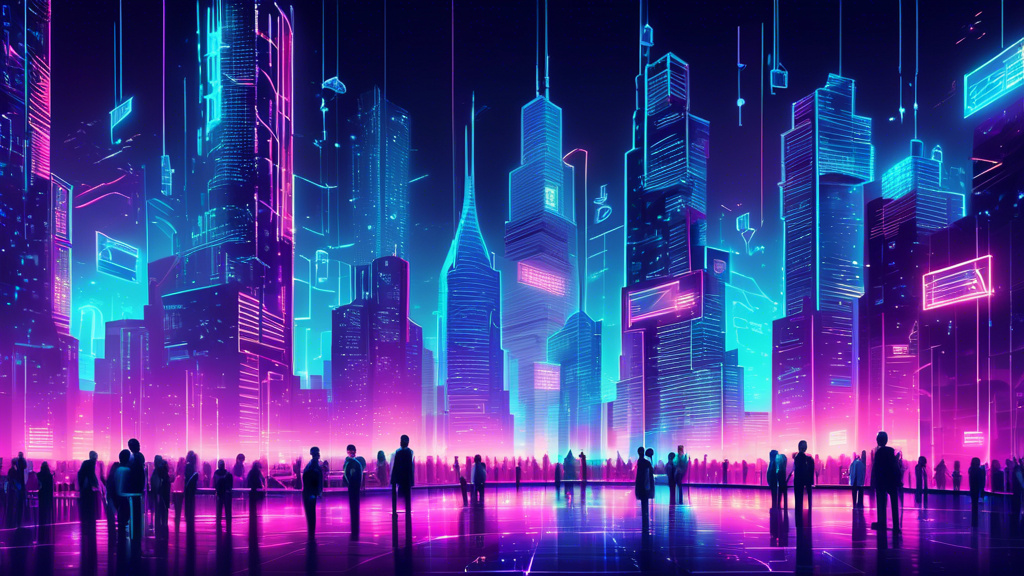 Prompt: A futuristic cityscape at night with towering skyscrapers made of glowing blockchain patterns, holograms of various blockchain development company logos projected into the sky, and tech-savvy people and robots collaborating on transparent screens in modern offices. The scene symbolizes innovation and transformation in the tech landscape driven by blockchain technology.