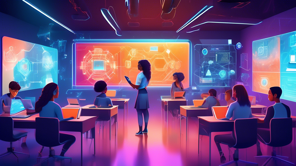 Create an image depicting a futuristic classroom in a digital world, where a diverse group of students are learning about blockchain technology from various free online resources. Include elements like holographic screens displaying blockchain networks, coding tutorials, digital textbooks, and interactive virtual assistant guides. The setting should be vibrant and innovative, symbolizing cutting-edge technology education available for free.