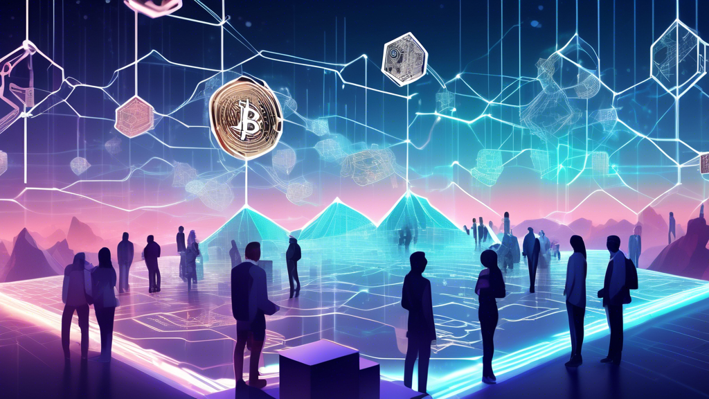 Create an image showing a futuristic digital landscape representing the concept of blockchain in the world of cryptocurrency. Incorporate elements like interconnected digital blocks with chains linking them together, holographic currency symbols (like Bitcoin, Ethereum), and a glowing, high-tech backdrop. Include a diverse group of people analyzing data on transparent screens to signify collaboration and decentralization.