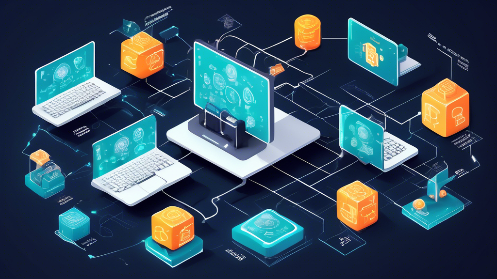 Create a detailed and visually appealing illustration that explains the basics of blockchain technology. The image should include a representation of a digital ledger, interconnected blocks of data, and a network of computers validating transactions. Incorporate simple infographics and labels, such as 'Decentralization,' 'Peer-to-Peer Network,' 'Encryption,' and 'Smart Contracts,' to highlight key concepts. Use a clean and modern design that makes the information accessible and easy to understand for beginners.