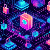 Create an illustration of a futuristic digital network representing blockchain technology, with interconnected blocks and chains of data. Incorporate elements of transparency, security, and decentralization, using vibrant, modern colors and geometric shapes. Include symbols such as padlocks, chains, and holographic screens to signify security and transparency.