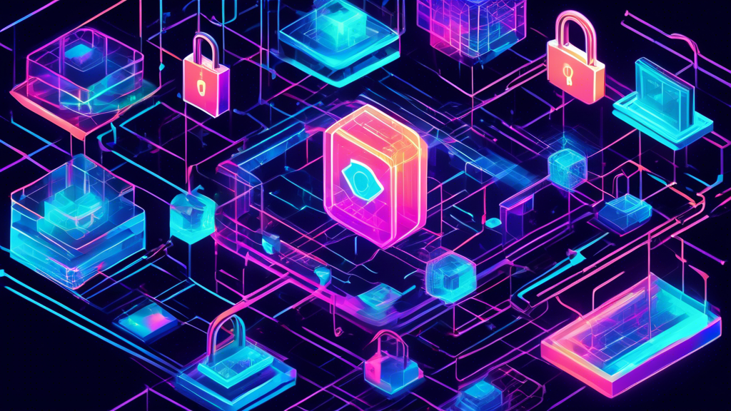Create an illustration of a futuristic digital network representing blockchain technology, with interconnected blocks and chains of data. Incorporate elements of transparency, security, and decentralization, using vibrant, modern colors and geometric shapes. Include symbols such as padlocks, chains, and holographic screens to signify security and transparency.