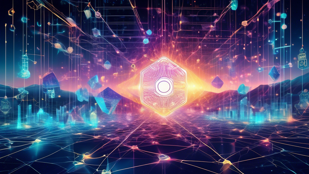 A futuristic digital landscape blending elements of high-tech finance and quantum mechanics: a glowing blockchain network coexists with quantum computers emitting holographic data streams, all set against a backdrop of multiple currencies with crypto logos. Abstract particles symbolize quantum entanglement weaving through financial transactions, creating a harmonious yet intricate tapestry of the Quantum Financial System.