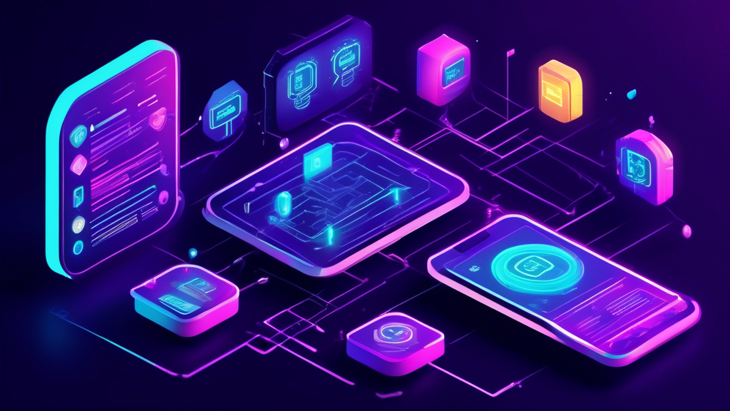 Illustration of a sleek, modern blockchain website interface with key elements like secure login, transaction history, smart contract features, and user-friendly navigation, all set against a backdrop of interconnected blockchain nodes and digital security icons.