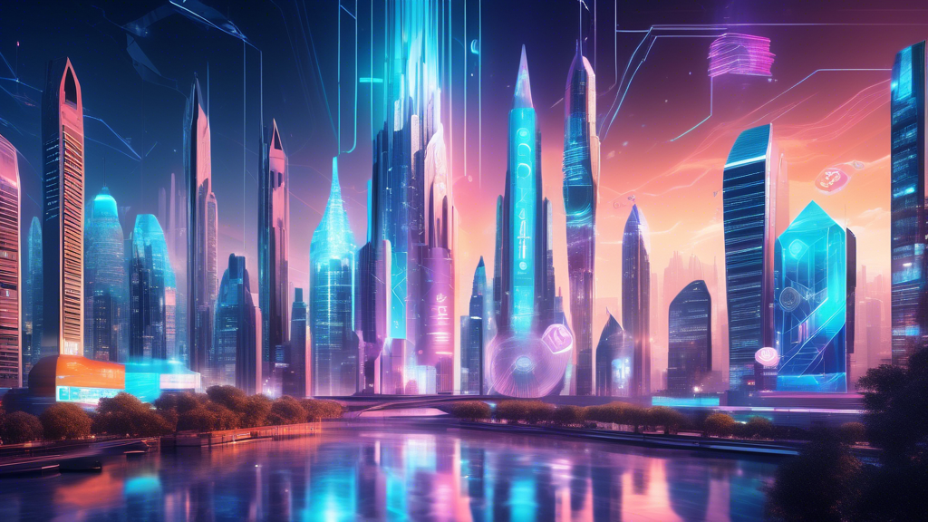 Create an image of a futuristic cityscape in 2023 with towering buildings adorned with holographic advertisements promoting various cryptocurrencies. In the center, emphasize a glowing, high-tech logo representing the Best Artificial Intelligence Cryptocurrency, with sleek, modern fonts and digital patterns radiating from it. Depict people using smart devices to trade and interact with this cryptocurrency, with elements of AI such as robotic assistants and drones integrated into the scene.