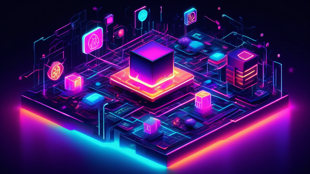 Create a futuristic digital artwork depicting the concept of Web3, showing interconnected blockchain nodes, decentralized applications, and vibrant 3D representations of cryptocurrencies. Use elements that symbolize innovation and advancement beyond traditional finance, with a sleek, high-tech aesthetic and glowing neon accents.