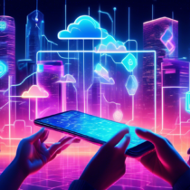 A futuristic smartphone glowing with blockchain symbols, set against a high-tech cityscape with neon lights. The phone is showcased in the hands of a diverse group of people, depicting their interconnectedness. The background includes various technological elements like digital clouds and holographic screens, symbolizing innovation and the integration of blockchain technology in everyday life.