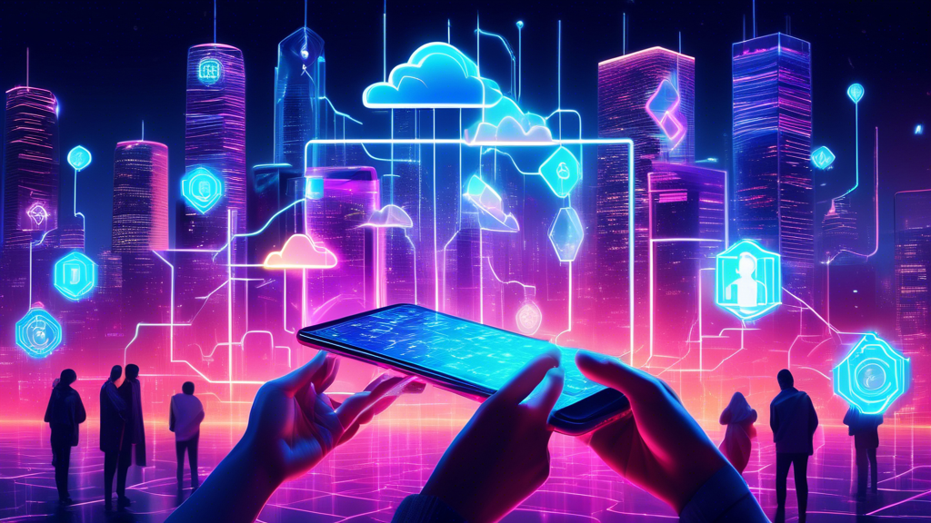 A futuristic smartphone glowing with blockchain symbols, set against a high-tech cityscape with neon lights. The phone is showcased in the hands of a diverse group of people, depicting their interconnectedness. The background includes various technological elements like digital clouds and holographic screens, symbolizing innovation and the integration of blockchain technology in everyday life.