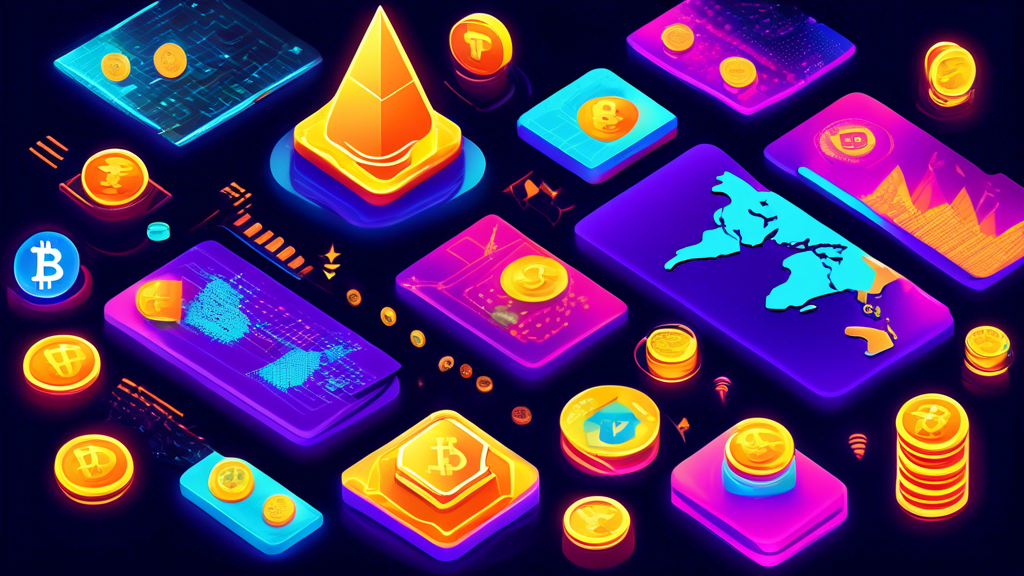 Create an illustration that captures the diverse world of emerging cryptocurrencies beyond Bitcoin. Include various digital tokens and coins with unique designs and symbols, surrounded by futuristic financial graphs, blockchain technology symbols, and a world map background highlighting global adoption. Ensure a vibrant and dynamic color scheme to reflect innovation and rapid growth in the cryptocurrency space.