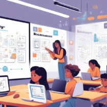 Create an image of a beginner-friendly classroom setting where diverse students from various backgrounds are attentively learning about blockchain technology. The room has posters of blockchain diagrams and key terms like 'block,' 'chain,' 'decentralization,' and 'cryptography' on the walls. The teacher is using a whiteboard to explain how blocks are chained together with illustrations. Include laptops and textbooks open to blockchain topics on the desks.