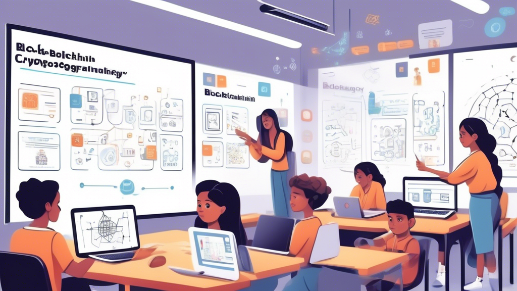 Create an image of a beginner-friendly classroom setting where diverse students from various backgrounds are attentively learning about blockchain technology. The room has posters of blockchain diagrams and key terms like 'block,' 'chain,' 'decentralization,' and 'cryptography' on the walls. The teacher is using a whiteboard to explain how blocks are chained together with illustrations. Include laptops and textbooks open to blockchain topics on the desks.