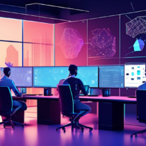 Create an image of a cutting-edge blockchain development studio, featuring a diverse team of developers working collaboratively on multiple screens with code and blockchain networks displayed. The environment should have a modern tech aesthetic with sleek glass walls, digital whiteboards filled with diagrams, and innovative tech gadgets. Incorporate visuals of blockchain graphics and futuristic elements to emphasize the advanced technological atmosphere.