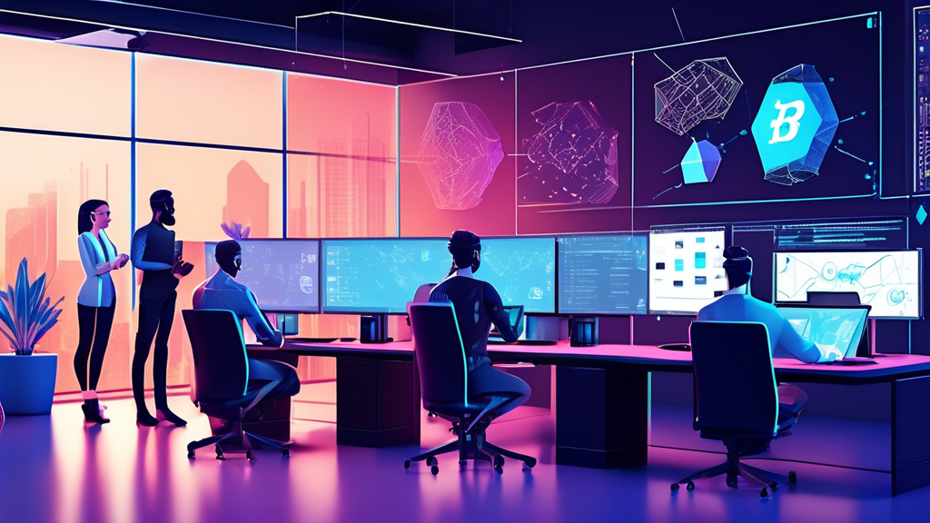 Create an image of a cutting-edge blockchain development studio, featuring a diverse team of developers working collaboratively on multiple screens with code and blockchain networks displayed. The environment should have a modern tech aesthetic with sleek glass walls, digital whiteboards filled with diagrams, and innovative tech gadgets. Incorporate visuals of blockchain graphics and futuristic elements to emphasize the advanced technological atmosphere.