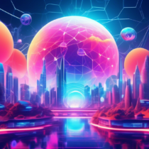 Create a futuristic digital landscape showcasing the integration of Web3 and blockchain technology. Include elements such as decentralized networks, digital currencies, smart contracts, and secure data exchanges. Illustrate a harmonious blend of technology and society, with diverse people interacting seamlessly through advanced digital devices and holographic interfaces. Highlight a utopian vision with sleek architecture, vibrant colors, and interconnected nodes representing the blockchain infrastructure.
