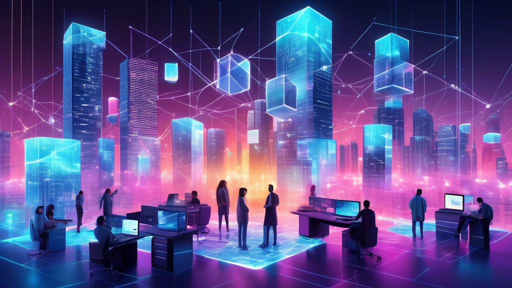 Generate an image depicting a futuristic cityscape where blockchain technology is visualized as interconnected glowing cubes, representing data blocks, seamlessly flowing between modern skyscrapers. In the foreground, a diverse team of blockchain developers works collaboratively at holographic workstations, with vibrant graphs and codes projected in the air, symbolizing the revolution in digital transactions.