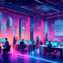 Create a digital illustration showcasing a modern software house where programmers and developers are working on blockchain technology. The setting should be futuristic, with holographic screens displaying blockchain codes, diagrams, and digital currencies. The atmosphere should exude innovation and transformation, with vibrant colors and cutting-edge tech tools scattered around. The background should depict a cityscape with high-tech buildings and digital connections forming a web around them, symbolizing the integration and transformative impact of blockchain on digital solutions.