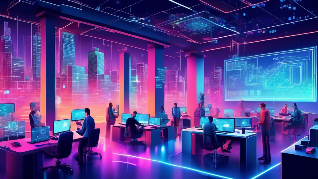 Create a digital illustration showcasing a modern software house where programmers and developers are working on blockchain technology. The setting should be futuristic, with holographic screens displaying blockchain codes, diagrams, and digital currencies. The atmosphere should exude innovation and transformation, with vibrant colors and cutting-edge tech tools scattered around. The background should depict a cityscape with high-tech buildings and digital connections forming a web around them, symbolizing the integration and transformative impact of blockchain on digital solutions.