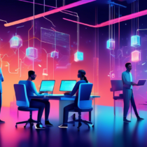 Create a digital illustration of a diverse team of software developers working together in a modern office, with blockchain code visible on their computer screens. Incorporate elements that signify growth and demand, such as upward-trending graphs and symbols of blockchain technology like chains and blocks. Include a bright, futuristic atmosphere to emphasize innovation and the rising trend in blockchain development.