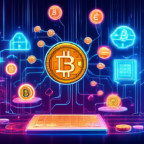 Create a digital illustration of futuristic, glowing cryptocurrencies adorned with AI circuitry, floating in a high-tech, cyberspace environment. Icons like Bitcoin, Ethereum, and other AI-driven tokens are prominently featured, with a sleek 2023 calendar subtly displayed in the background.