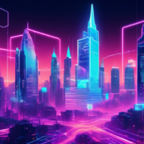 Create a futuristic cityscape with towering buildings displaying logos of top blockchain companies like Ethereum, Solana, and Chainlink. Incorporate holographic advertisements and digital nodes connected with glowing lines, symbolizing a highly integrated digital ecosystem. Show diverse individuals interacting with augmented reality interfaces, emphasizing innovation and connectivity.