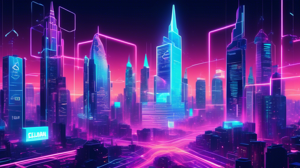 Create a futuristic cityscape with towering buildings displaying logos of top blockchain companies like Ethereum, Solana, and Chainlink. Incorporate holographic advertisements and digital nodes connected with glowing lines, symbolizing a highly integrated digital ecosystem. Show diverse individuals interacting with augmented reality interfaces, emphasizing innovation and connectivity.