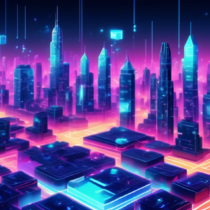 A futuristic city skyline with towering buildings made of digital blocks and circuits. In the foreground, representatives from top blockchain software companies are collaborating, showcasing holographic charts and data streams. The scene is set against a background of a glowing, decentralized network web, symbolizing innovation and revolution in the blockchain industry.