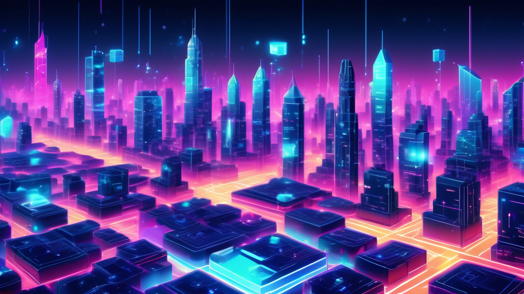 A futuristic city skyline with towering buildings made of digital blocks and circuits. In the foreground, representatives from top blockchain software companies are collaborating, showcasing holographic charts and data streams. The scene is set against a background of a glowing, decentralized network web, symbolizing innovation and revolution in the blockchain industry.