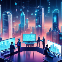 An illustrated image depicting a futuristic cityscape with sleek, modern buildings symbolizing innovation and technology. In the foreground, various tech-savvy teams from different blockchain development companies, equipped with laptops and holographic tools, work collaboratively on blockchain solutions. The scene blends high-tech elements like floating digital ledgers, code matrices, and blockchain symbols, showcasing the elite and forward-thinking nature of the top blockchain development companies of 2023.