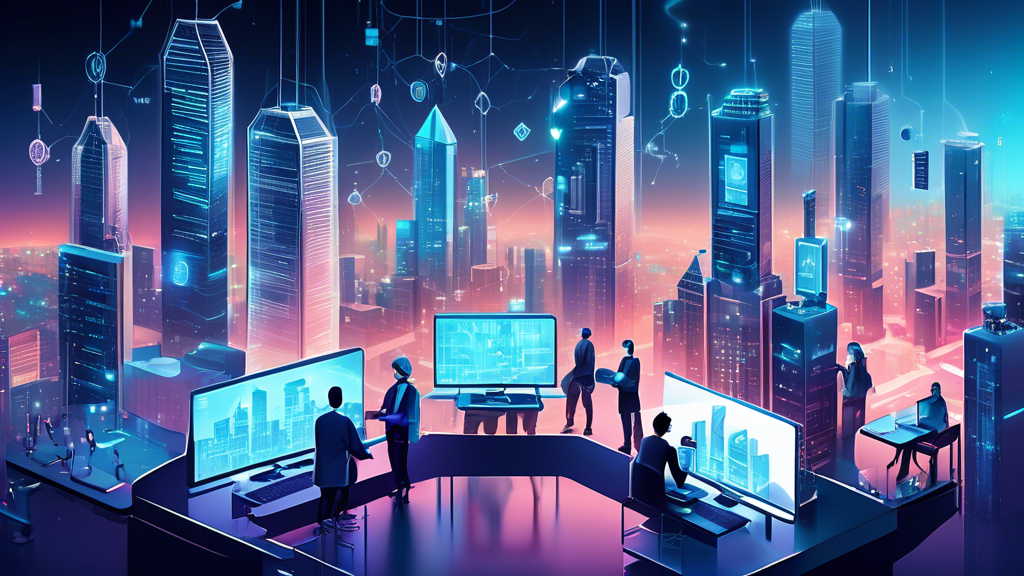 An illustrated image depicting a futuristic cityscape with sleek, modern buildings symbolizing innovation and technology. In the foreground, various tech-savvy teams from different blockchain development companies, equipped with laptops and holographic tools, work collaboratively on blockchain solutions. The scene blends high-tech elements like floating digital ledgers, code matrices, and blockchain symbols, showcasing the elite and forward-thinking nature of the top blockchain development companies of 2023.