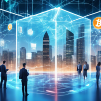 Create an image of a futuristic financial hub where traditional banks merge with blockchain technology. Show sleek, modern bank buildings with holographic signs of popular cryptocurrencies like Bitcoin, Ethereum, and Ripple. In the foreground, depict diverse individuals using various digital devices to interact with transparent, holographic banking interfaces. Highlight the secure, interconnected network processes symbolized by blockchain chains weaving through the scene and connecting different devices and bank buildings. Include elements like security locks, digital codes, and futuristic cityscapes to emphasize the transformation and integration of blockchain in banking systems.
