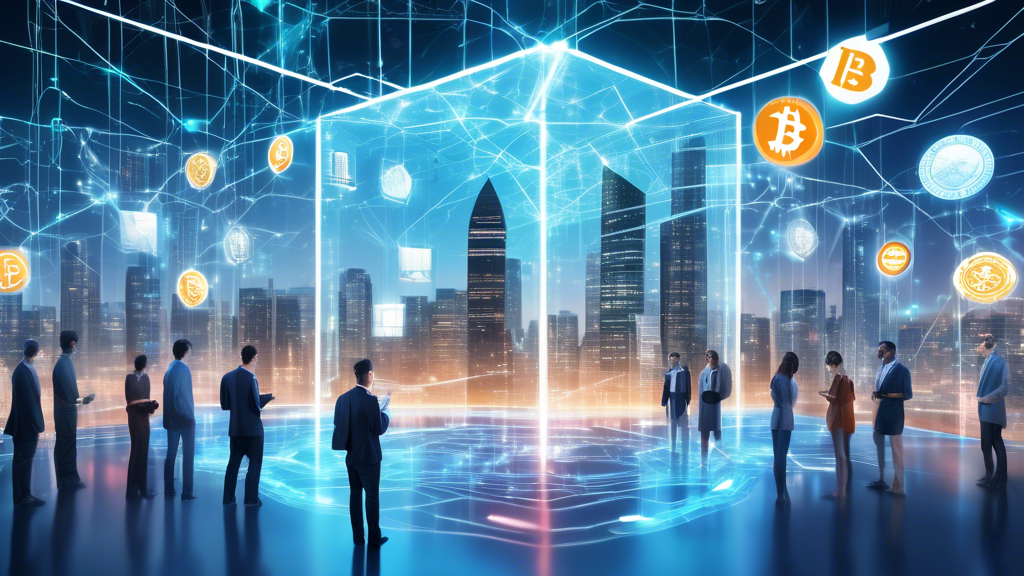 Create an image of a futuristic financial hub where traditional banks merge with blockchain technology. Show sleek, modern bank buildings with holographic signs of popular cryptocurrencies like Bitcoin, Ethereum, and Ripple. In the foreground, depict diverse individuals using various digital devices to interact with transparent, holographic banking interfaces. Highlight the secure, interconnected network processes symbolized by blockchain chains weaving through the scene and connecting different devices and bank buildings. Include elements like security locks, digital codes, and futuristic cityscapes to emphasize the transformation and integration of blockchain in banking systems.