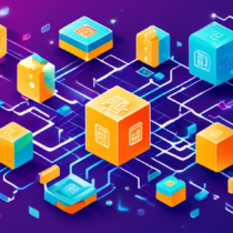 Create an illustration showing a blockchain formed by interconnected blocks, each containing digital data. The chains between the blocks should be highlighted to signify secure connections. Surround the blockchain with various icons representing diverse applications such as finance, healthcare, and supply chains. Use a clean, modern design with vibrant colors to make the concept accessible and engaging for readers.