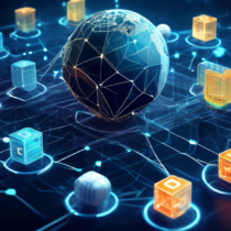 Create an image depicting the concept of blockchain technology and cryptocurrency. Visualize a digital network of interconnected blocks with a futuristic feel, showcasing chains of linked blocks. Integrate symbols of various cryptocurrencies like Bitcoin, Ethereum, and others, floating or integrated within the network. Include a representation of a secure digital wallet and a globe in the background to emphasize the global reach and security of this technology.