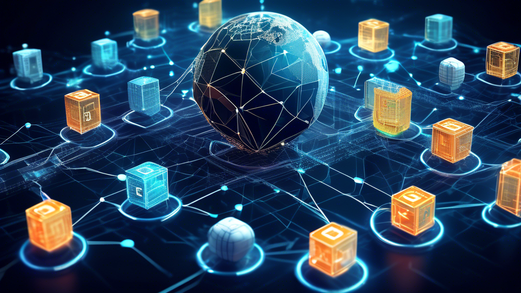 Create an image depicting the concept of blockchain technology and cryptocurrency. Visualize a digital network of interconnected blocks with a futuristic feel, showcasing chains of linked blocks. Integrate symbols of various cryptocurrencies like Bitcoin, Ethereum, and others, floating or integrated within the network. Include a representation of a secure digital wallet and a globe in the background to emphasize the global reach and security of this technology.