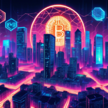 Create an image illustrating the concepts of cryptocurrency and blockchain technology: a futuristic digital cityscape with blockchain links forming a protective web around the skyscrapers, and various cryptocurrency symbols glowing brightly in the sky. Include elements like digital coins, network nodes, and cryptographic keys, blending seamlessly into the city's modern infrastructure.