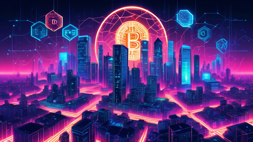 Create an image illustrating the concepts of cryptocurrency and blockchain technology: a futuristic digital cityscape with blockchain links forming a protective web around the skyscrapers, and various cryptocurrency symbols glowing brightly in the sky. Include elements like digital coins, network nodes, and cryptographic keys, blending seamlessly into the city's modern infrastructure.